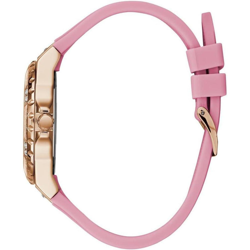Reloj GUESS de silicona rosa para mujer, resistente al agua, acero inoxidable, cronógrafo y función día-fecha
