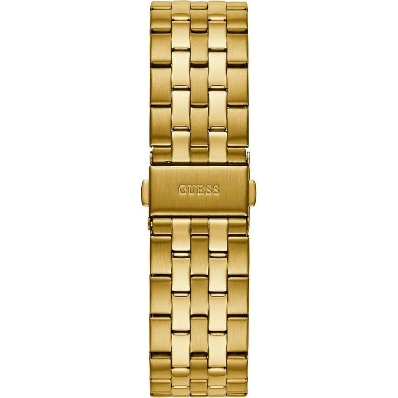 Reloj de pulsera multifunción GUESS para hombre, acero inoxidable dorado con detalles negros, pantalla analógica y calendario