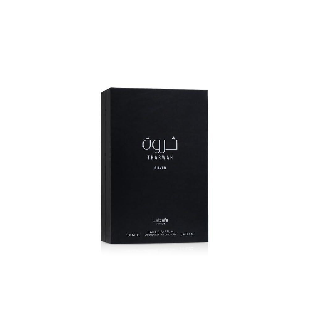 Lattafa Perfumes Tharwah Silver para Eau de Parfum en spray unisex, fragancia fresca y duradera