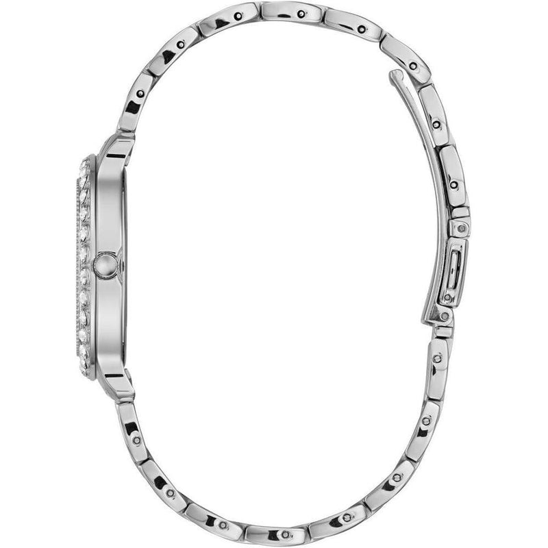 Reloj GUESS de acero inoxidable con cristal rosa, plata, resistente al agua, modelo U1062L2, analógico con cierre plegable