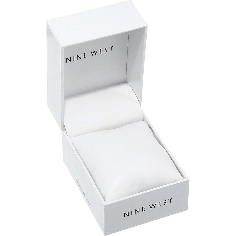 Nine West Reloj de pulsera con detalles de cristal para mujer, resistente al agua, diseño elegante, caja de 3.6 cm, banda de oro de 7 pulgadas.