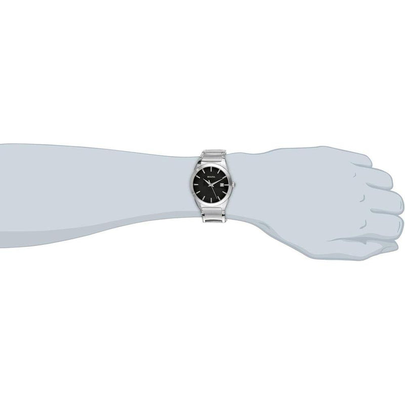 Reloj Bulova de cuarzo para hombre con esfera negra estampada y pulsera plateada de acero inoxidable