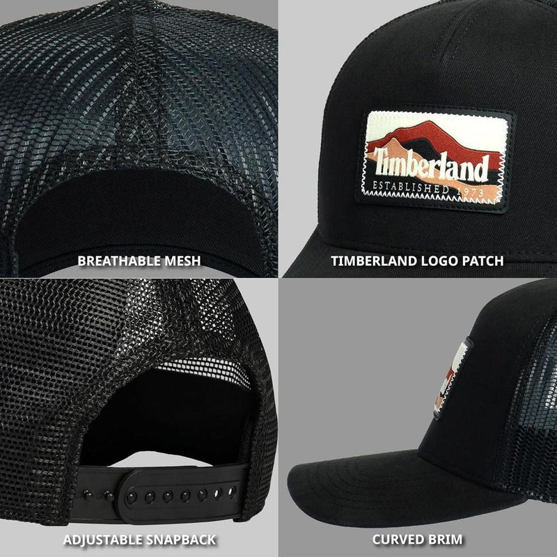 Gorra de hombre Timberland diseño camionero con parche montaña, ajuste de broche y banda anti-humedad