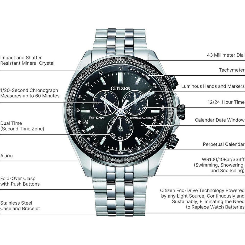 Reloj cronógrafo clásico Eco-Drive de Citizen para hombre en acero inoxidable con calendario perpetuo y taquímetro