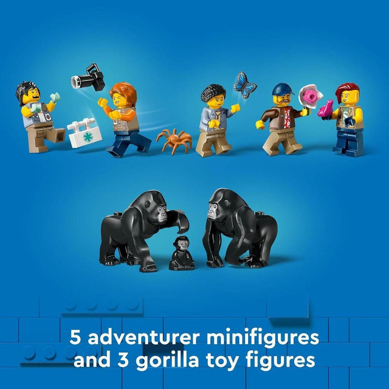 LEGO City Jungle Explorer, helicóptero de juguete en campamento base con 5 minifiguras y figuras de gorila, para niños de 8 años en adelante