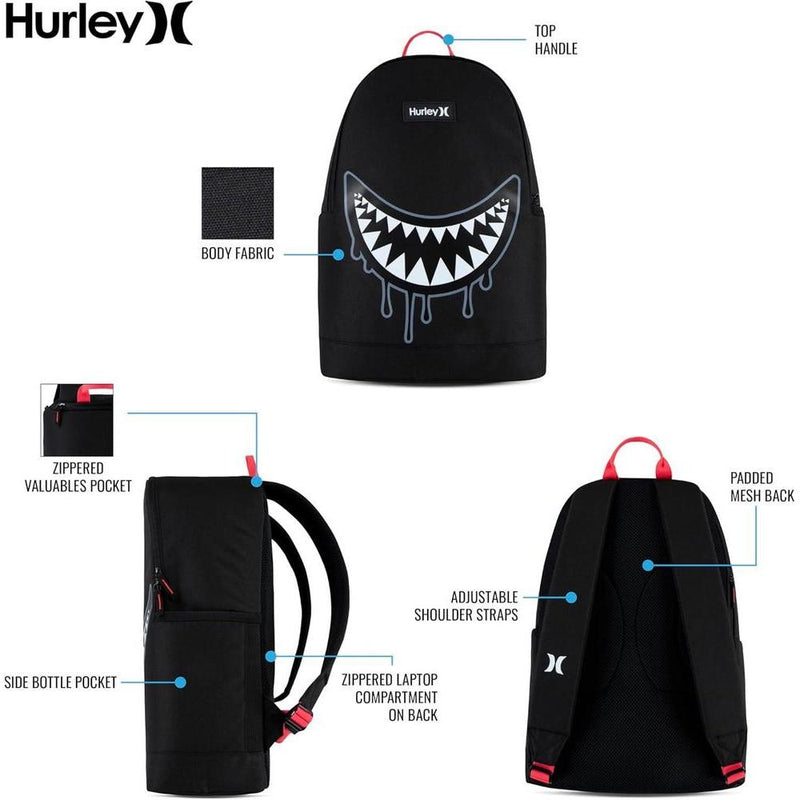 Hurley Mochila gráfica negra, diseño duradero y cómodo para adultos con bolsillo para botella y gráficos vibrantes