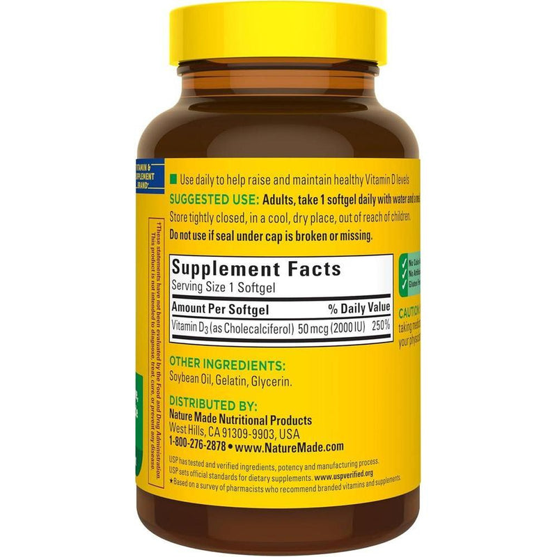 Nature Made Vitamina D3 2000 UI suplemento para el apoyo de salud ósea, dental, muscular e inmunológica, 250 cápsulas blandas