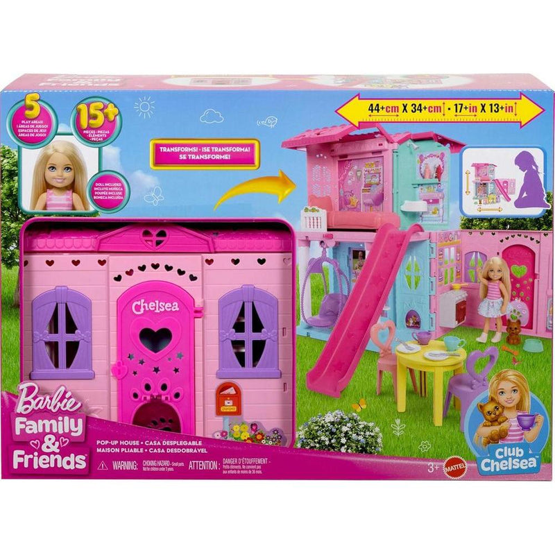 Barbie Chelsea Toy Dollhouse con 15+ accesorios, casa pop-up con 5 áreas de juego y tobogán, incluye muñeca y perro mascota