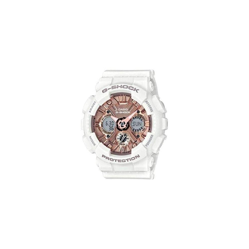 Reloj Casio G-Shock Blanco y Oro Rosa - Resistente al Agua y Golpes, Ideal para Mujer, Modelo GMS-S120MF-7A2CR