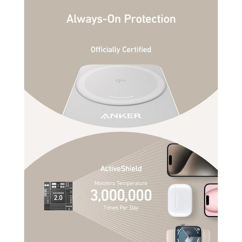 Anker MagGo Estación de Carga Inalámbrica 3 en 1 para iPhone, compatible con MagSafe, cargador plegable 15W Qi2, AirPods, Apple Watch