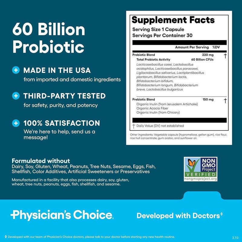 Probióticos Physician's CHOICE, 60 mil millones UFC, 10 cepas y prebióticos orgánicos para salud digestiva, intestinal e inmunológica