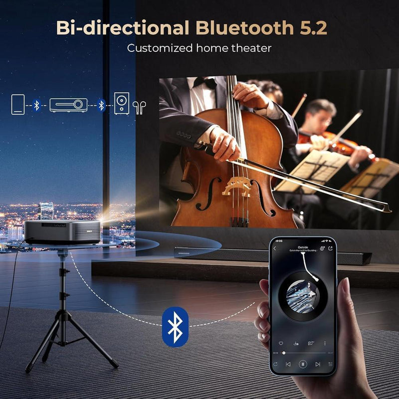 Proyector Alvar con WiFi 6, Bluetooth, sonido dbx-tv y aplicaciones integradas como Netflix, ideal para cine en casa o exterior