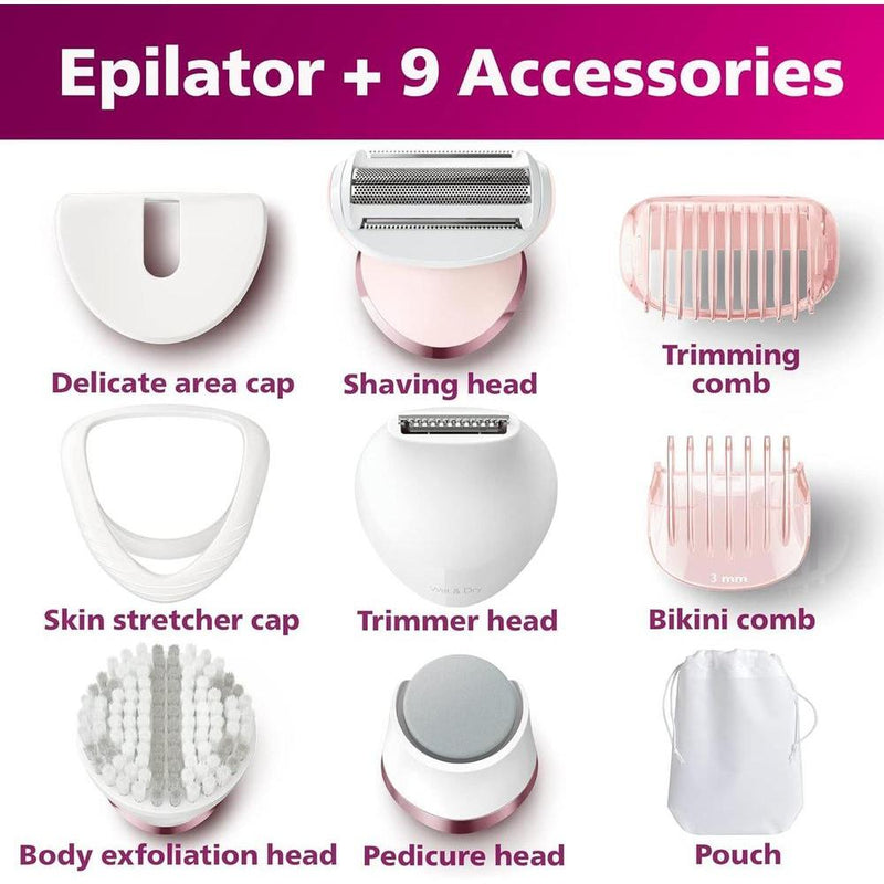Philips Epilator Series 8000 5 en 1 Afeitadora para Mujer, Recortadora, Pedicura y Exfoliante Corporal con 9 Accesorios, BRE740/14