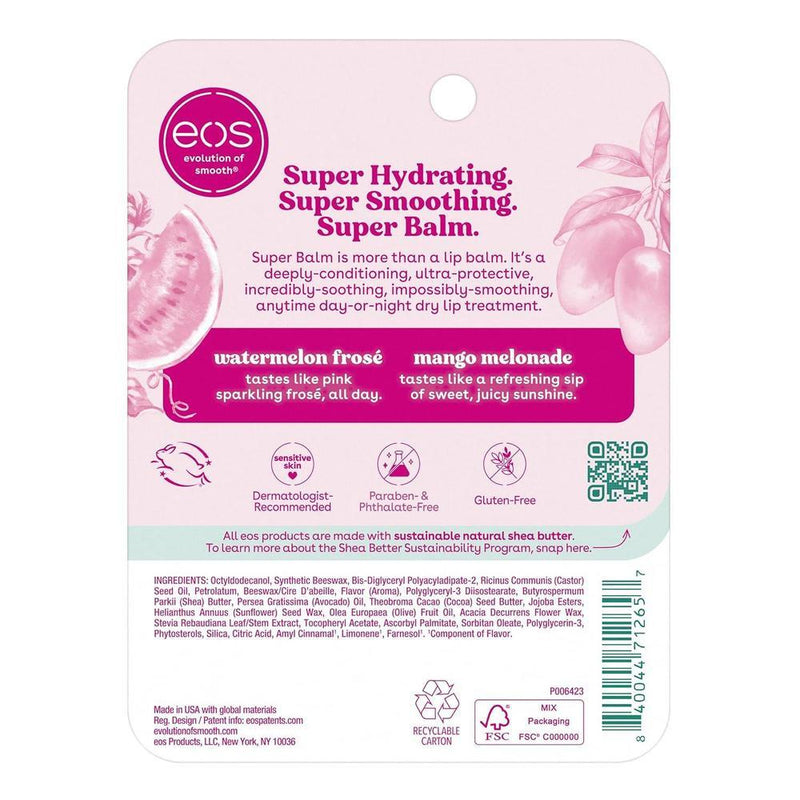 eos 24H Moisture Super Balm de Sandía y Mango para Pieles Sensibles, Mascarilla Labial Día o Noche, Paquete de 2