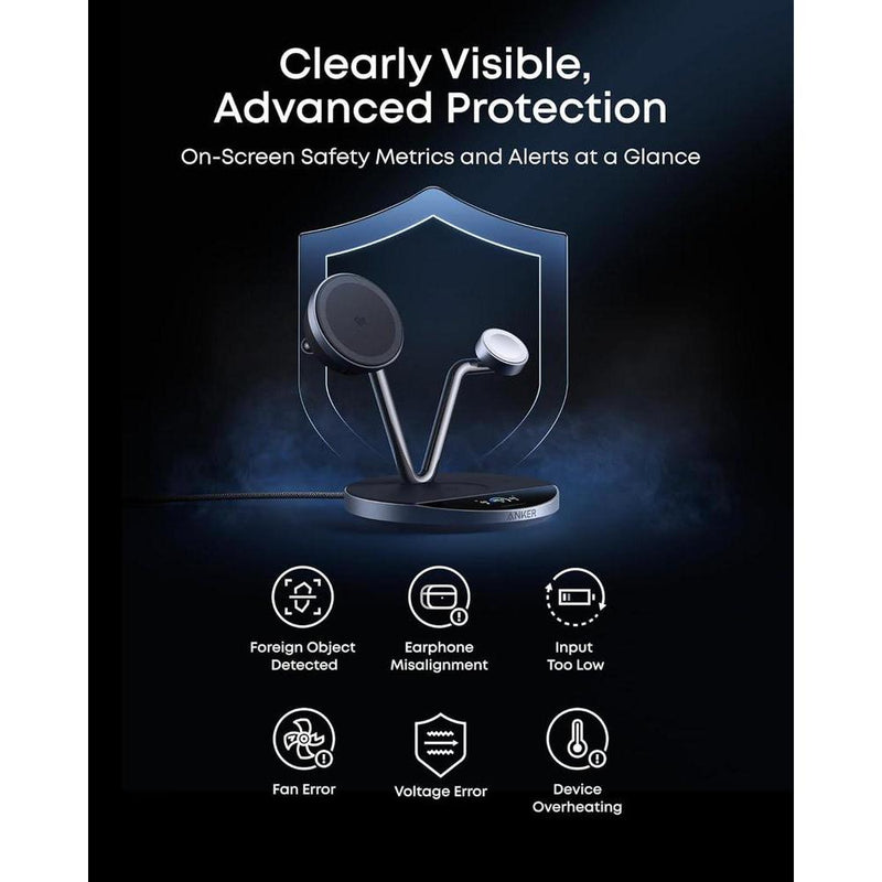 Anker Prime MagSafe: Estación de carga inalámbrica 3 en 1, certificada Qi2 para iPhone y Apple Watch con pantalla inteligente