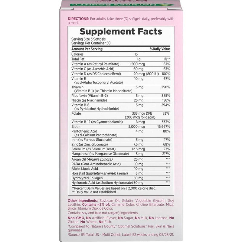 Suplemento Vitaminico Avanzado para Cabello, Piel y Uñas con Biotina y Ácido Hialurónico de Nature's Bounty