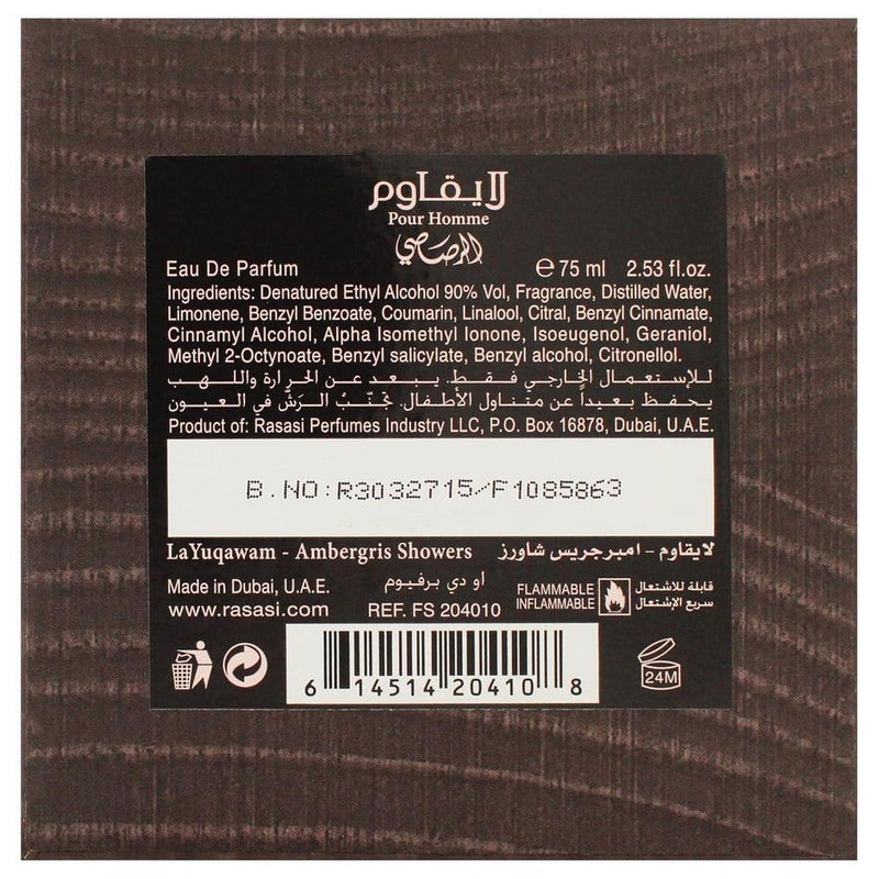 RASASI La Yuqawam Ambergris Showers Eau De Parfum Men, perfume árabe para hombre con cuero y galbanum