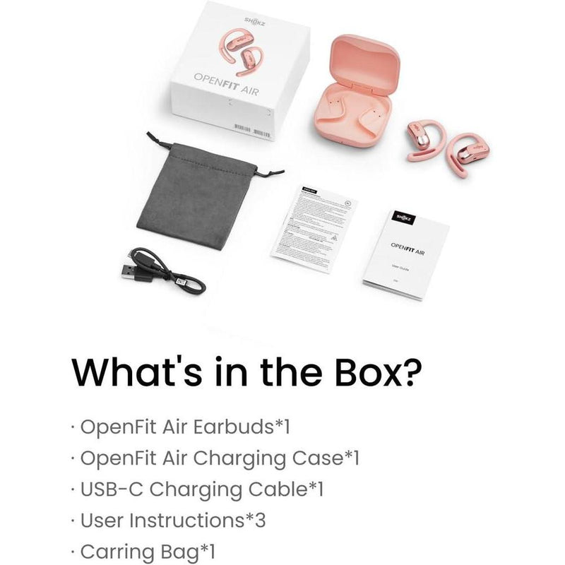 SHOKZ OpenFit Air en rosa, auriculares de oreja abierta, verdaderamente inalámbricos, resistentes al agua y seguros para uso diario