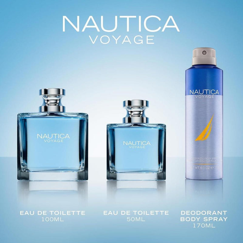 Nautica Voyage Eau de Toilette, fragancia masculina fresca con notas de manzana, loto indio y cedro, ideal para el uso diario