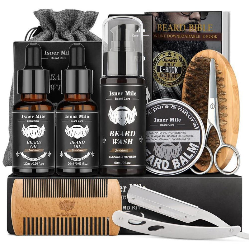 Kit de barba para hombres, incluye champú, aceite de crecimiento, bálsamo, cepillo, peine, tijeras y bolsa