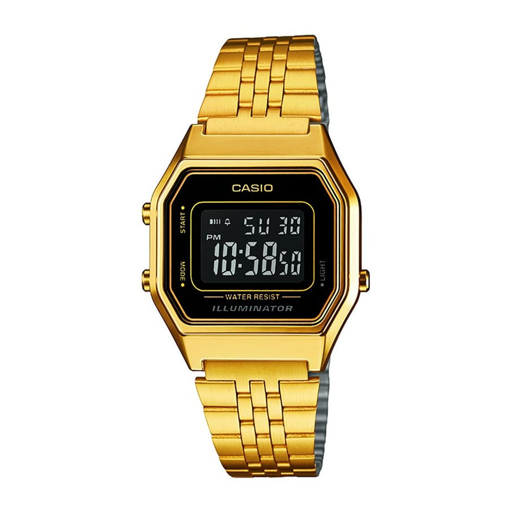 Reloj Casio para mujer modelo LA680WGA-1B, diseño dorado en metal con mecanismo de cuarzo, funciones de alarma y calendario