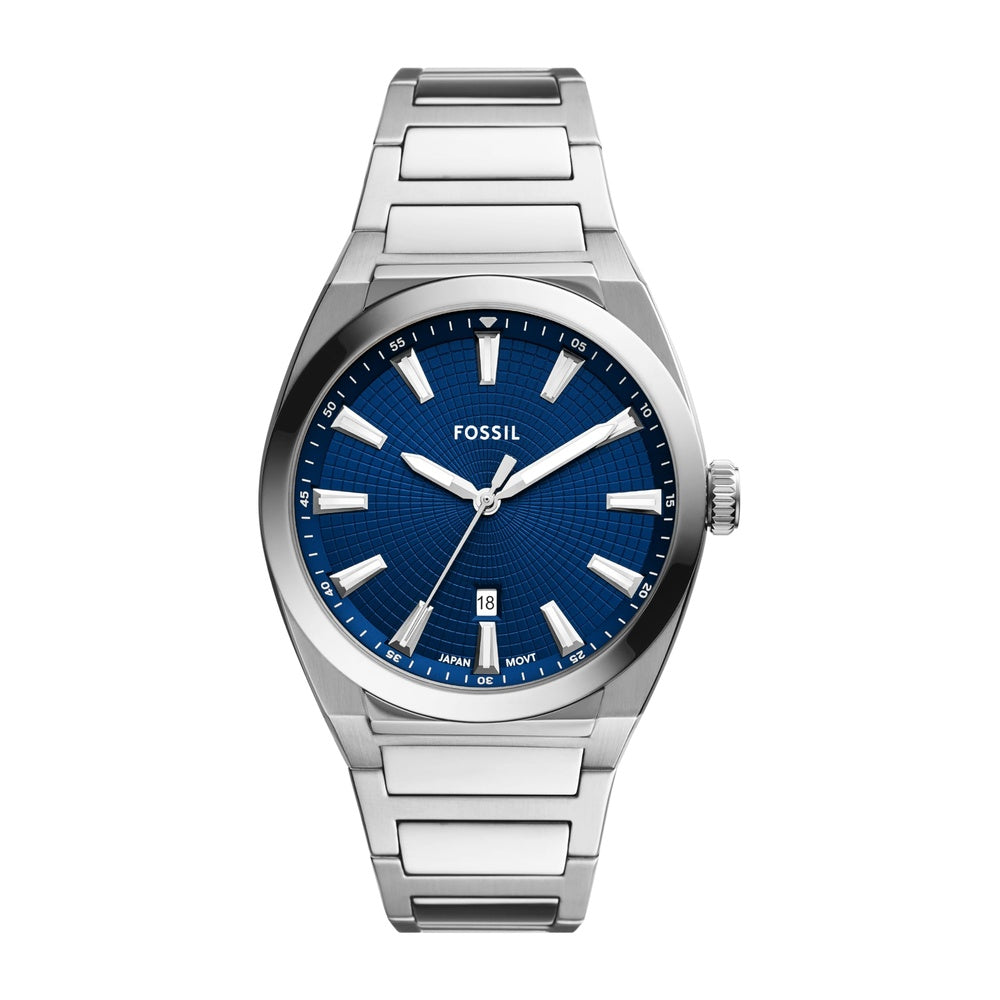 Fossil Everett - Reloj para hombre con correa de acero inoxidable o cuero, resistente al agua y esfera texturizada azul