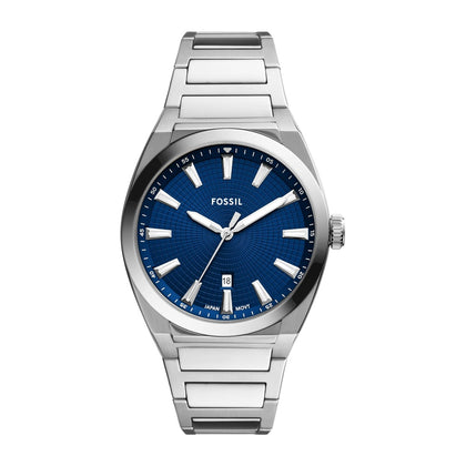 Fossil Everett - Reloj para hombre con correa de acero inoxidable o cuero, resistente al agua y esfera texturizada azul