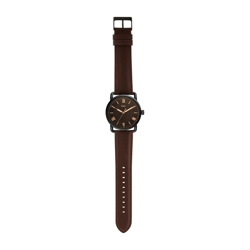 Reloj Fossil Copeland para hombre, acero inoxidable y cuero, movimiento de cuarzo con esfera negra e índices romanos, resistente al agua