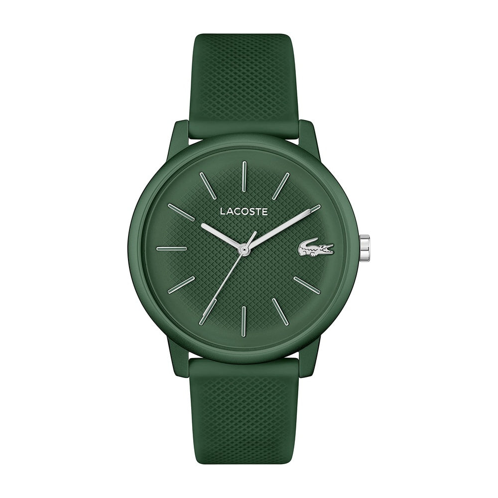Reloj de cuarzo Lacoste 12.12 Move para hombre con caja de aluminio verde y correa de silicona, diseño monocromático