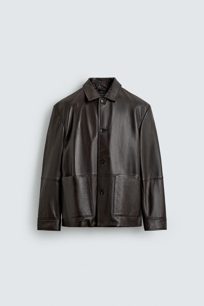 Cazadora Piel Bolsillos Marrón Oscuro Zara