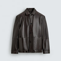 Cazadora Piel Bolsillos Marrón Oscuro Zara