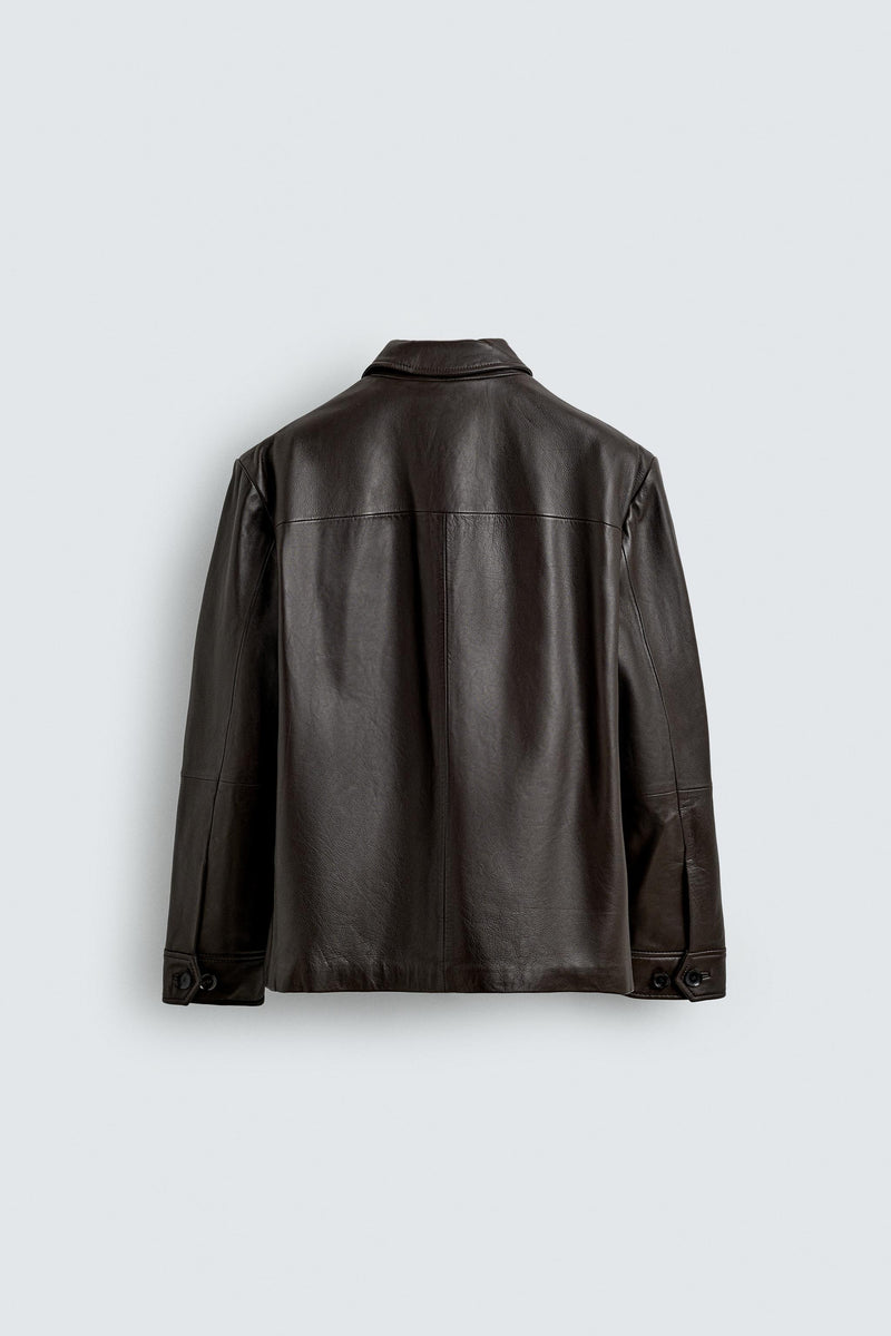 Cazadora Piel Bolsillos Marrón Oscuro Zara