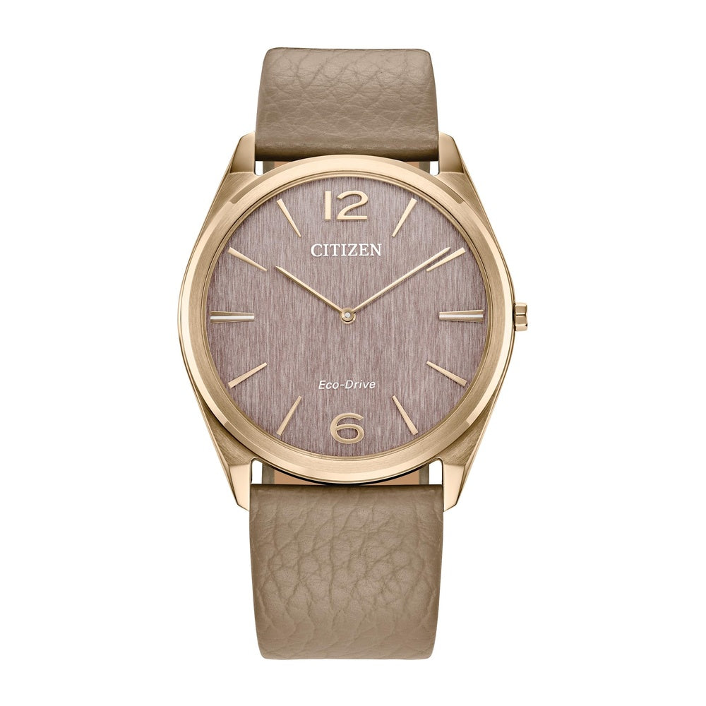 Citizen Reloj ecológico unisex Eco-Drive Dress Classic, correa de cuero beige, esfera rosa, 2 manecillas, modelo AR3123-00X