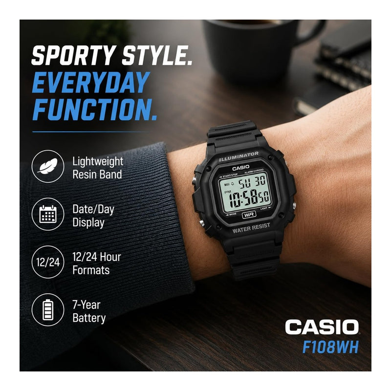 Reloj digital Casio F108WH para hombres, resistente al agua, alarma diaria, cronómetro LED, precisión 30 segundos al mes