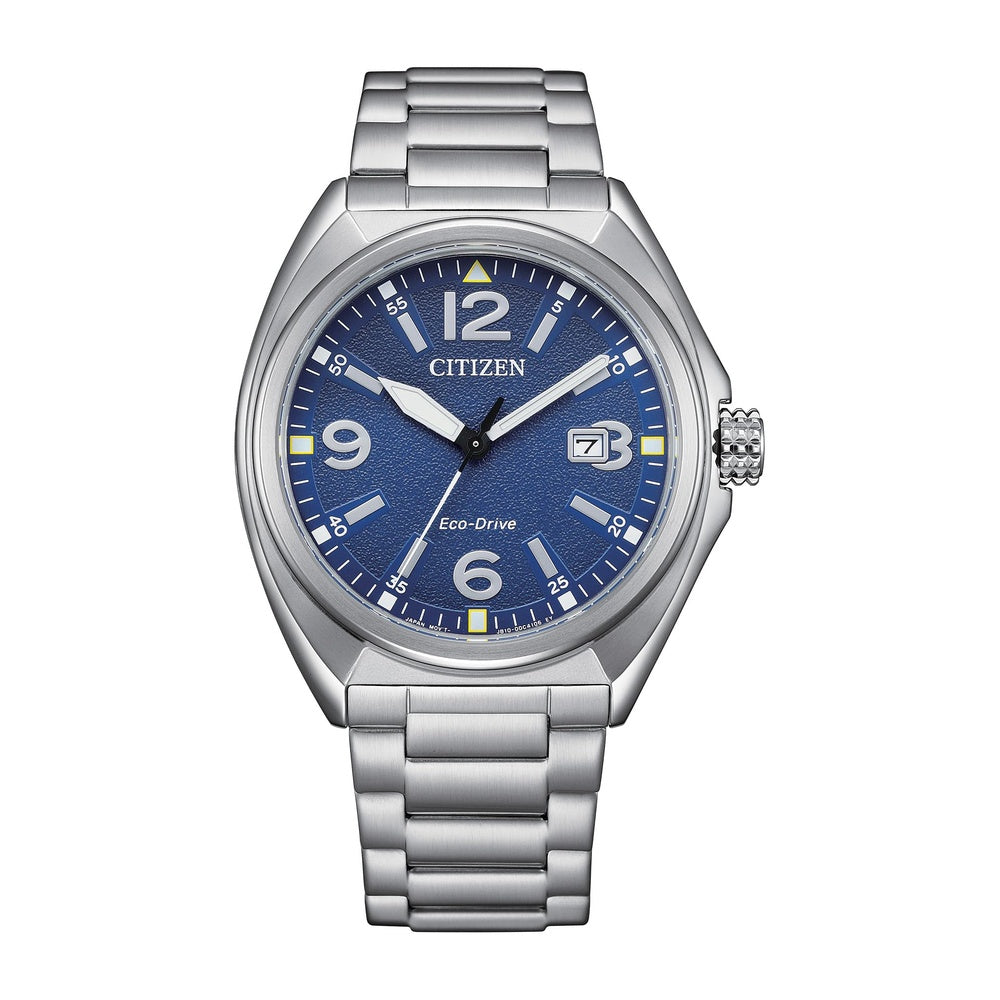 Reloj Citizen Eco-Drive para hombre, deportivo, pulsera de acero inoxidable plateado, esfera azul, modelo AW1571-76L