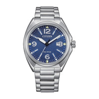 Reloj Citizen Eco-Drive para hombre, deportivo, pulsera de acero inoxidable plateado, esfera azul, modelo AW1571-76L