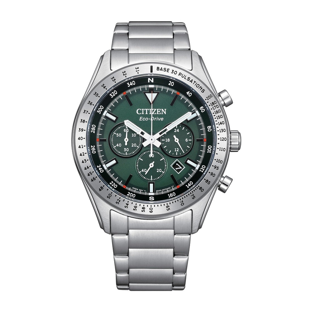 Citizen Eco-Drive Weekender Sport Casual, reloj de acero inoxidable, cronógrafo y esfera verde, modelo CA4600-89X