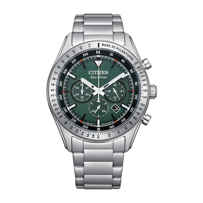 Citizen Eco-Drive Weekender Sport Casual, reloj de acero inoxidable, cronógrafo y esfera verde, modelo CA4600-89X