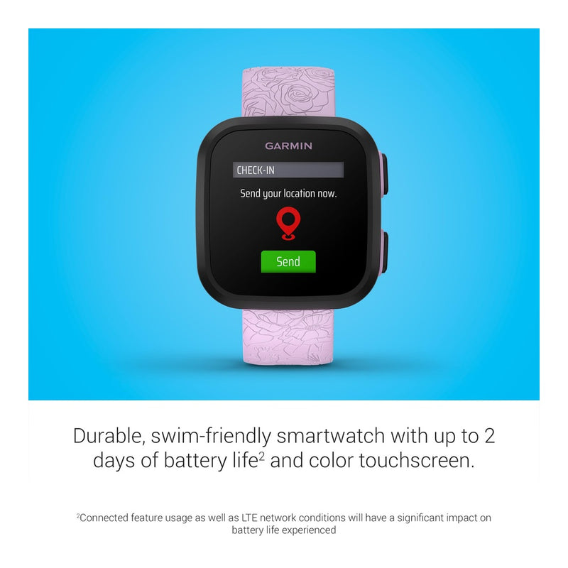 Reloj inteligente Garmin Bounce para niños con texto bidireccional, mensajes de voz y seguimiento de ubicación, lila floral