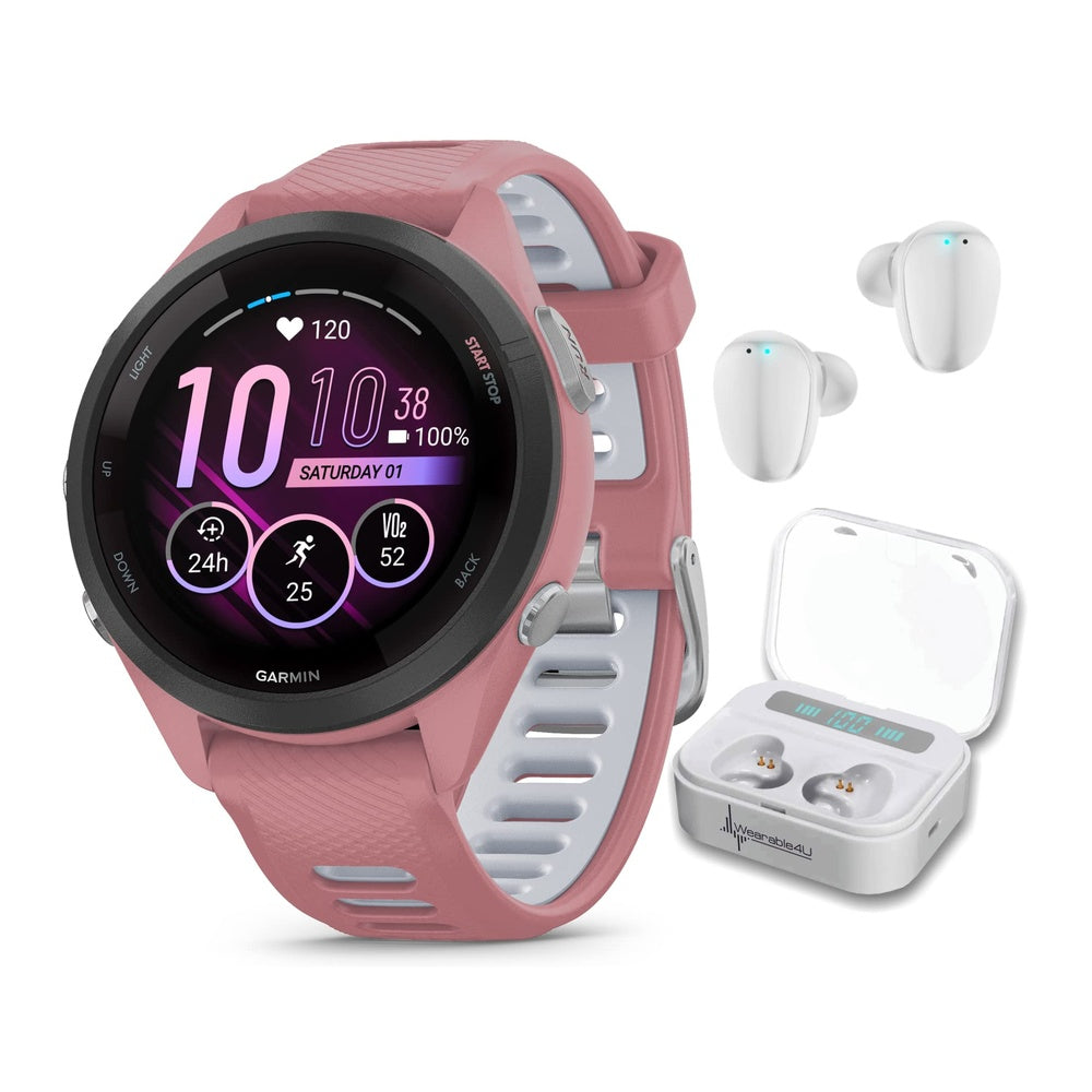 Wearable4U Garmin Forerunner 265S Music GPS Running Smartwatch en color rosa con pantalla táctil AMOLED y auriculares incluidos