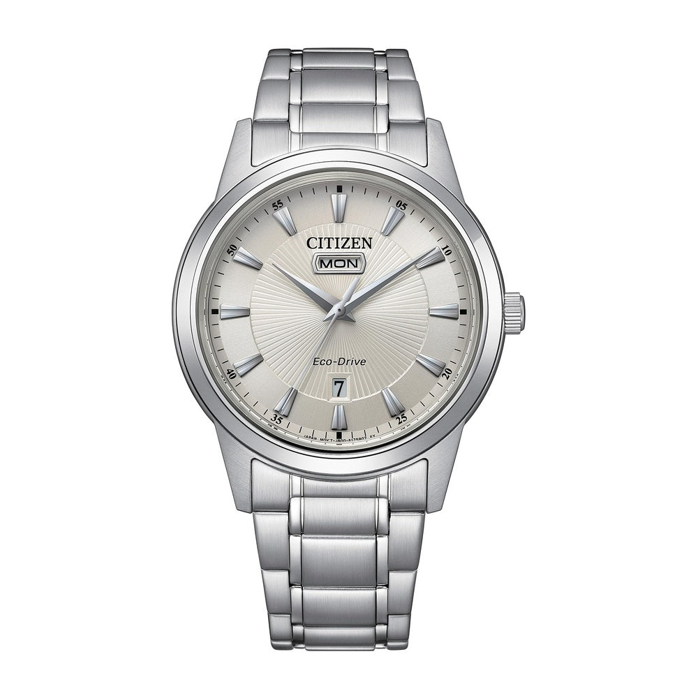 Reloj clásico de vestir Eco-Drive para hombre con pulsera de acero inoxidable y esfera marfil de Citizen, función día/fecha