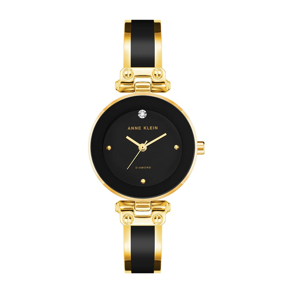 Reloj de pulsera Anne Klein con esfera de diamantes genuinos y diseño elegante en negro y dorado