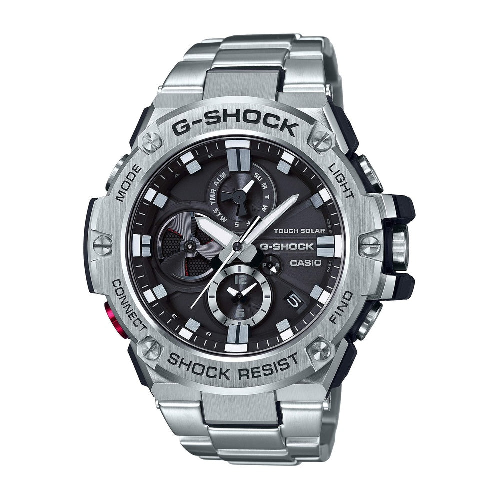 Casio GST-B100D-1ACR G-Shock Reloj de cuarzo plateado con pantalla analógica para hombre con Bluetooth y energía solar