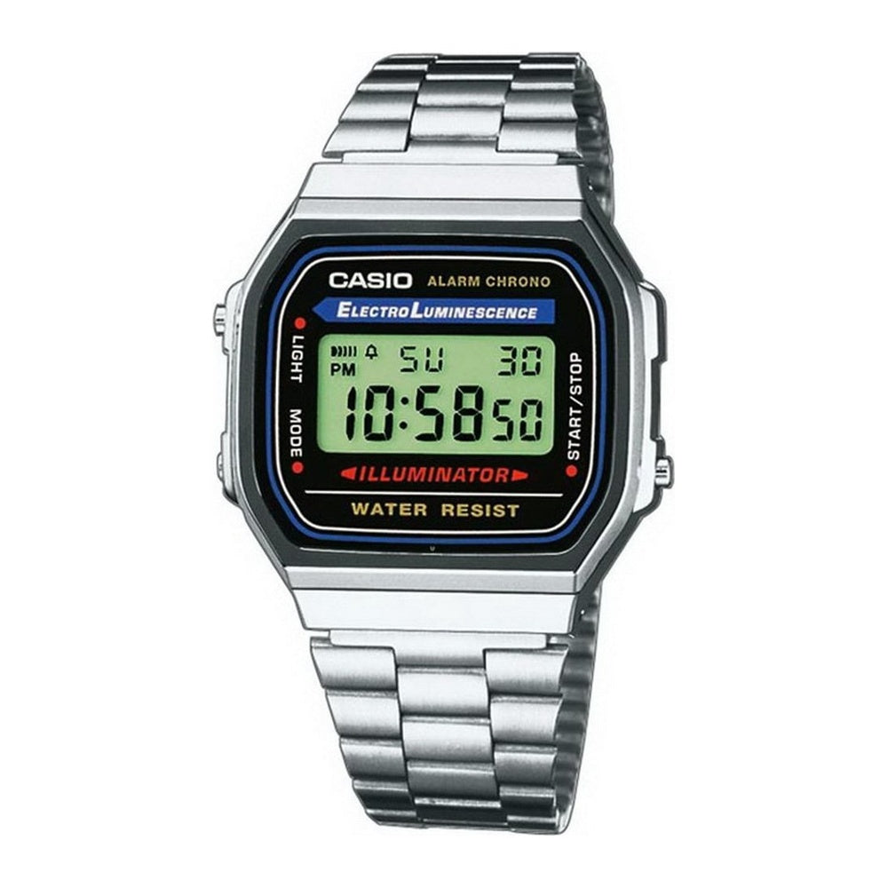 Reloj Casio A168WA-1 para hombre, con calculadora, luz de fondo, cronómetro, alarma diaria y resistencia al agua