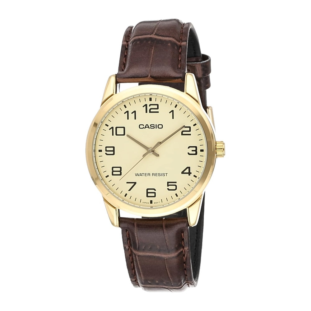 Casio Reloj de cuarzo de acero inoxidable para hombre, correa de cuero marrón, modelo EAW-MTP-V001GL-9B