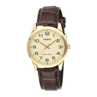 Casio Reloj de cuarzo de acero inoxidable para hombre, correa de cuero marrón, modelo EAW-MTP-V001GL-9B