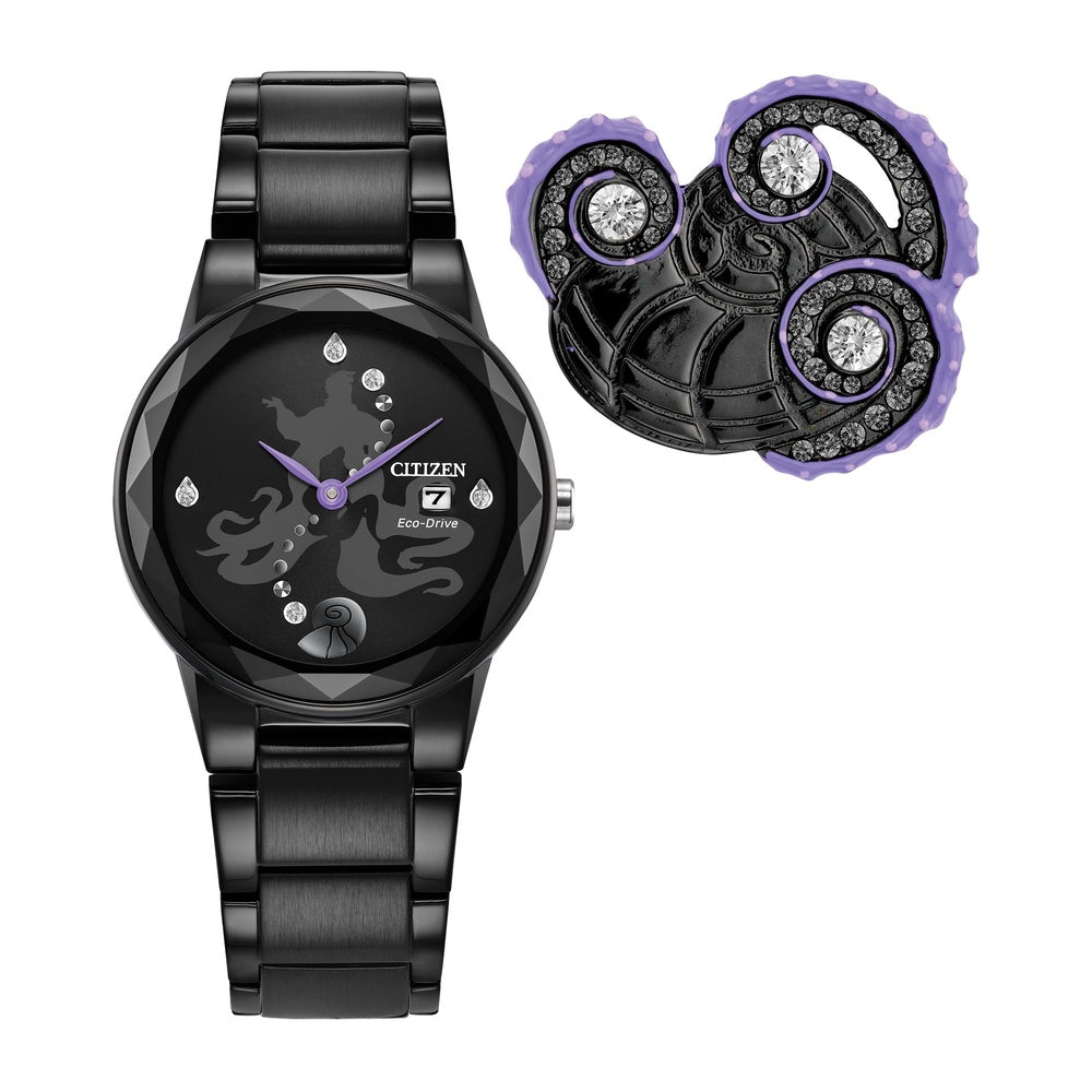 Citizen Eco-Drive Disney Villian Ursula Crystal reloj y pin set de regalo negro iones, esfera negra