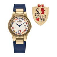 Citizen Eco-Drive Disney Princess, caja de acero oro con correa de cuero azul y juego de regalo de alfiler, modelo GA1079-41W