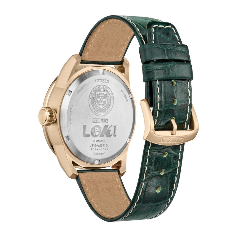 Citizen Eco-Drive Loki - Reloj hombre, acero inoxidable oro rosa, correa piel texturizada verde, modelo: AW1363-06W