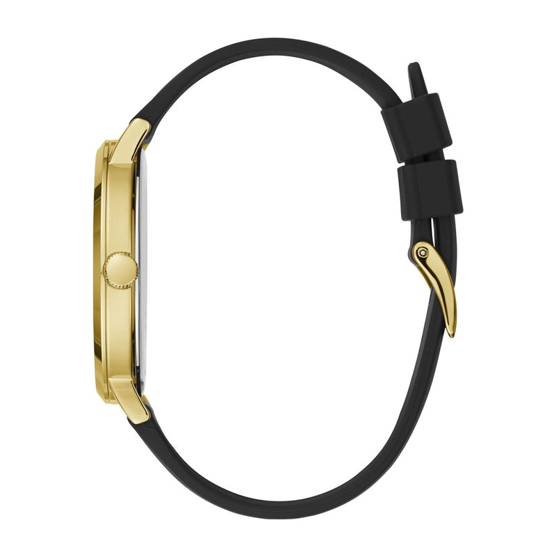 Reloj GUESS con esfera de diamante genuino, caja de acero inoxidable dorado y correa de silicona negra resistente